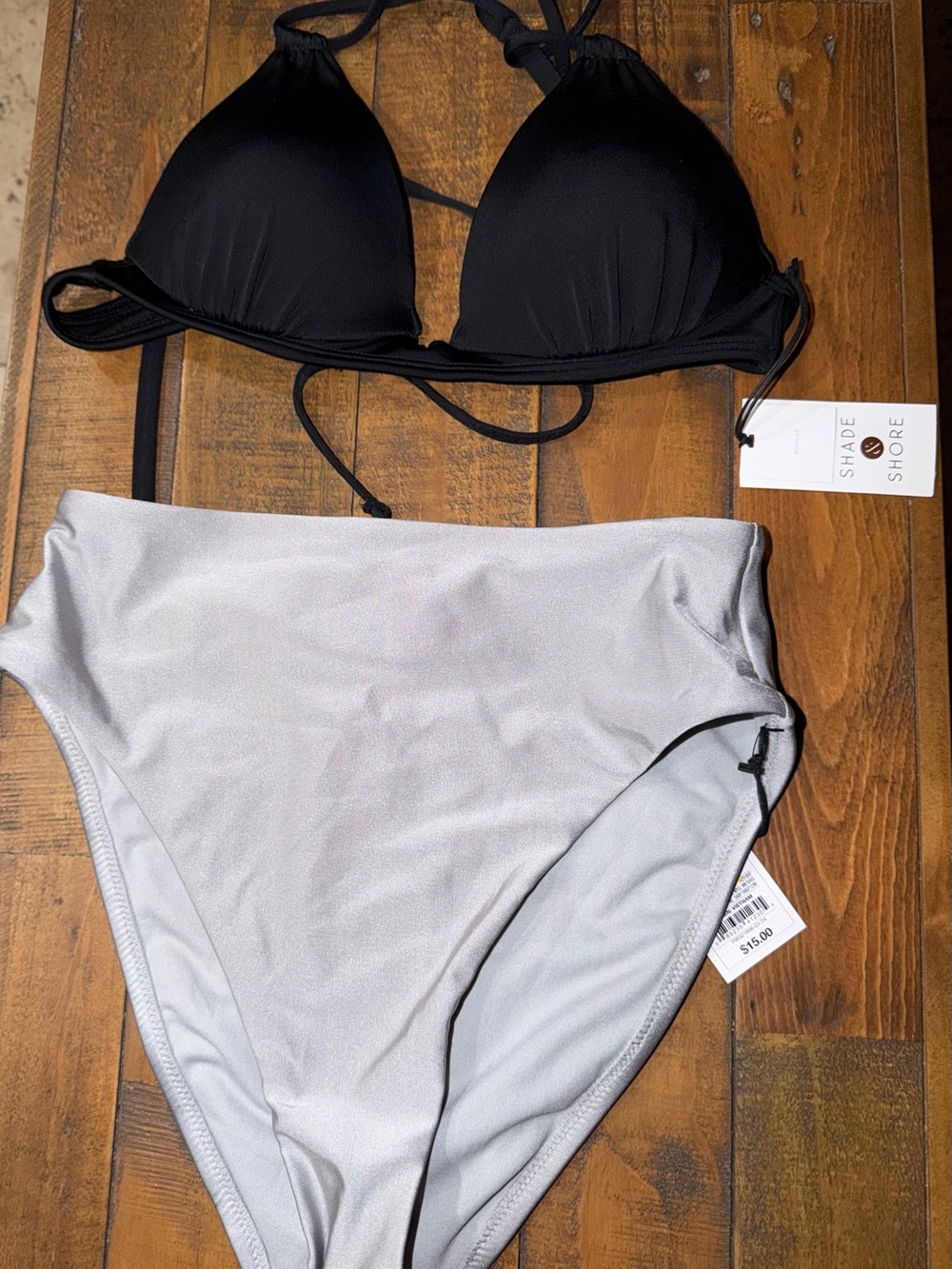 Shade & Shore Black Triangle Top with Light Gray High-Waist Bottom